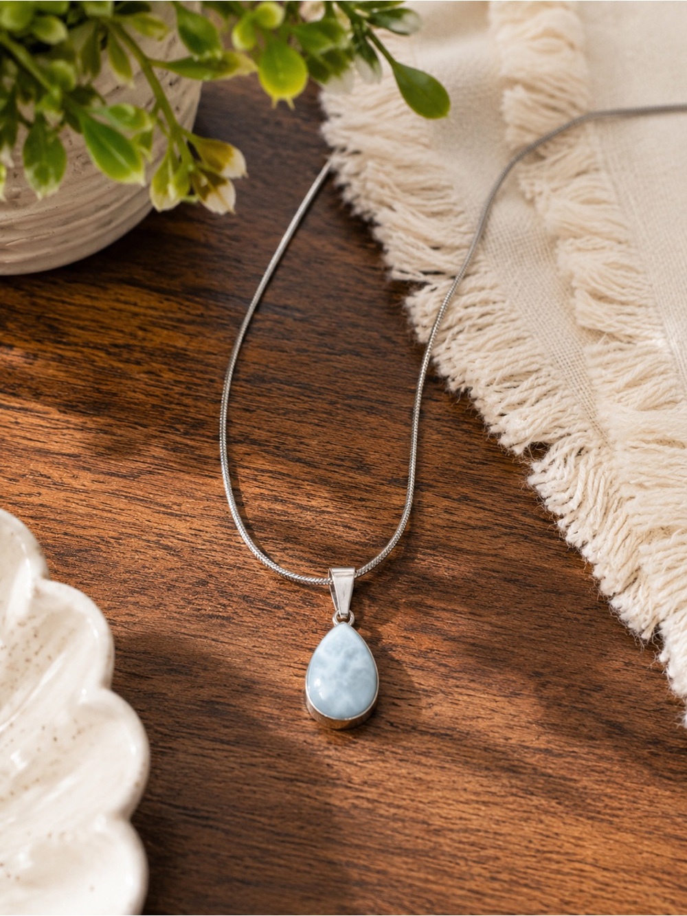 925 Sterling Silver Larimar Teardrop Pendant Necklace Genuine Blue Larimar